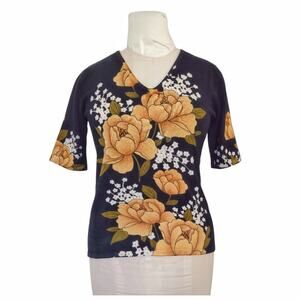 ANNE KLEIN Black Floral Knit Sweater Top Sz M Stretch Black Yellow Dressy Casual